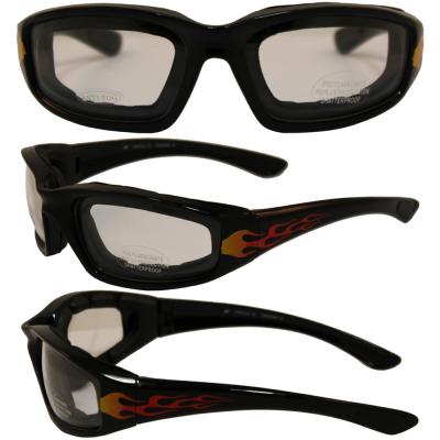 Birdz Oriole Flame Design Motorcycle Glasses with Clear Shatterproof Anti-Fog Polycarbonate Lenses and Wind Blocking Foam