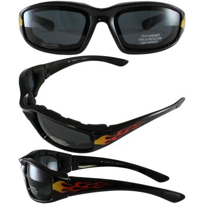 Birdz Oriole Flame Design Motorcycle Glasses with Smoke Shatterproof Anti-Fog Polycarbonate Lenses and Wind Blocking Foam