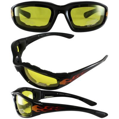 Birdz Oriole Flame Design Motorcycle Glasses with Yellow Shatterproof Anti-Fog Polycarbonate Lenses and Wind Blocking Foam