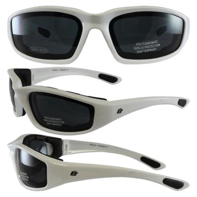 Birdz Oriole White Frame Motorcycle Glasses with Smoke Shatterproof Anti-Fog Polycarbonate Lenses and Wind Blocking Foam