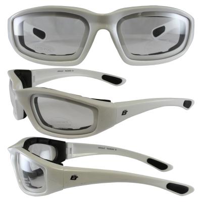 Birdz Oriole White Frame Motorcycle Glasses with Clear Shatterproof Anti-Fog Polycarbonate Lenses and Wind Blocking Foam