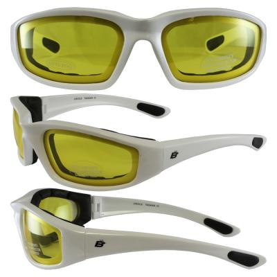 Birdz Oriole White Frame Motorcycle Glasses with Yellow Shatterproof Anti-Fog Polycarbonate Lenses and Wind Blocking Foam