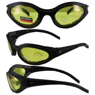 Birdz Raven Motorcycle Glasses with Yellow Shatterproof Anti-Fog Polycarbonate Lenses and Wind Blocking Foam