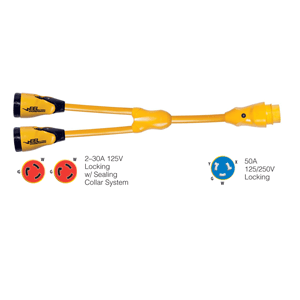 Marinco Y504-2-30 EEL (2)-30A-125V Female to (1)50A-125/250V Male 'Y' Adapter - Yellow