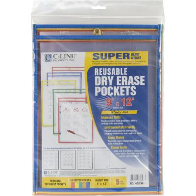 Reusable Dry Erase Pockets 9'X12' 5/Pkg-Assorted Primary Colors