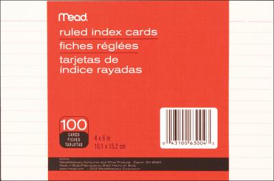 Mead Index Cards 4''X6'' 100/Pkg-Ruled White