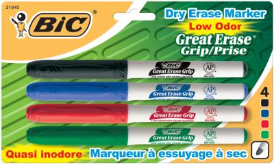 BIC Great Erase Low Odor Dry-Erase Fine Point Markers 4/Pkg-Black, Blue, Red & Green