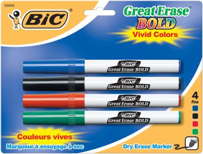 BIC Great Erase Bold Dry-Erase Fine Point Markers 4/Pkg-Blue, Black, Red & Green