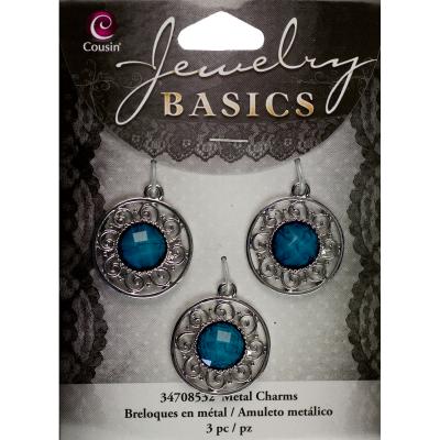 Jewelry Basics Metal Charms-Silver & Turquoise Filigree 3/Pkg