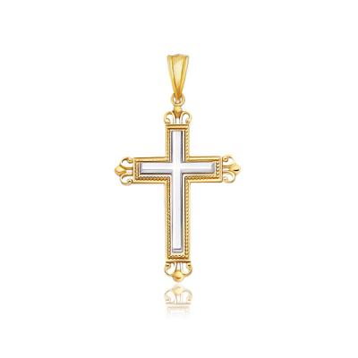 14k Two-Tone Gold Cross Pendant with an Ornate Budded Style