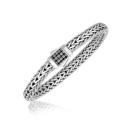Sterling Silver Braided Style Mens Bracelet with Black Sapphire Accents