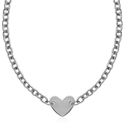 Sterling Silver Rhodium Plated Chain Bracelet with a Flat Heart Motif Station