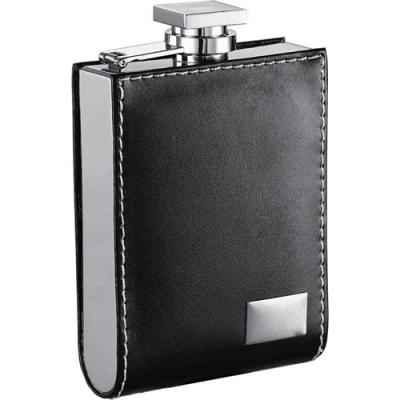 Visol Wallet Black Leatherette 6oz Liquor Flask with Engraving Plate