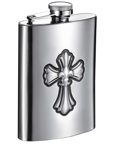 Visol Fleur de Lis Cross 6 oz Brushed Metal Hip Flask