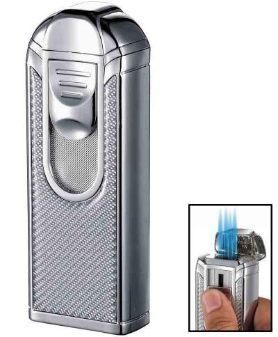 Visol Alec IV Chrome and White Carbon Fiber Quad Torch Flame Table Lighter