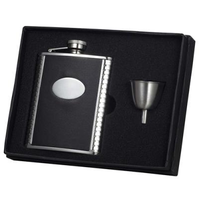 Visol Tux Ribbed Design Leather 6oz Flask Gift Set