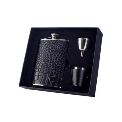 Visol Gator Black Crocodile Leather Deluxe Hip Flask Gift Set - 8 oz