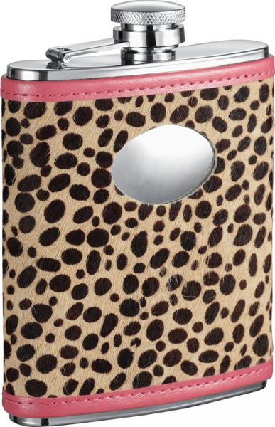 Visol Cheetah 6oz Pink Leather Stainless Steel Hip Flask
