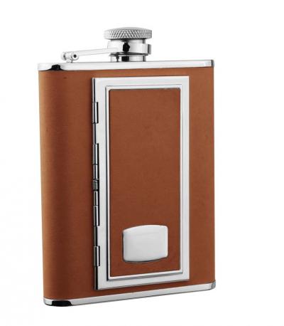 Visol SP Brown Brown Leather Flask with Built-in Cigarette Case - 6 oz