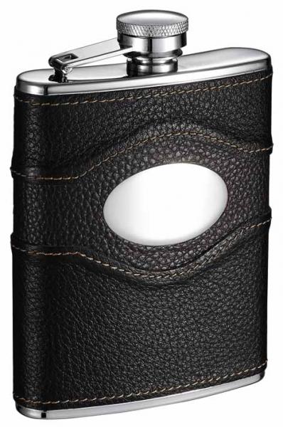 Visol Sojourn Premium Black Leather Hip Flask - 6 oz