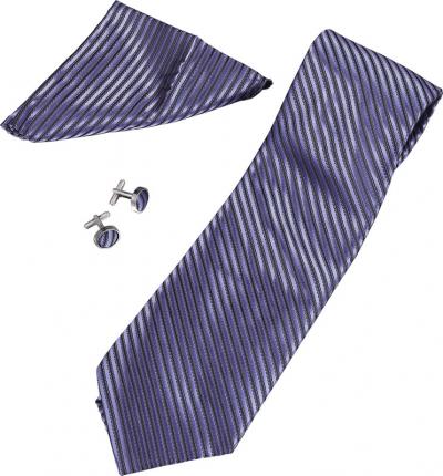 Justin Purple and Black Stripe Pattern Tie, Cufflinks and Pocket Square Gift Set