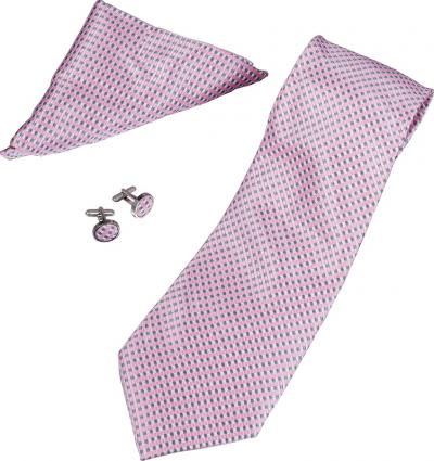 Roberto Pink and Grey Stripe Pattern Tie, Cufflinks and Pocket Square Gift Set
