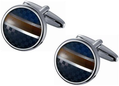 Round Blue Checkered and Golden Amber Striped Stainless Steel Cufflinks