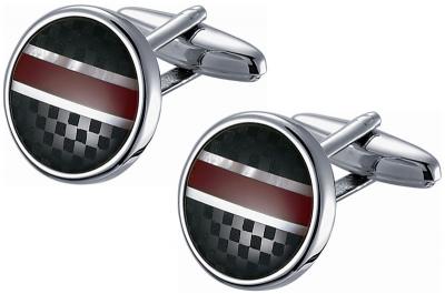 Round Black Checkered and Red Striped Stainless Steel Cufflinks