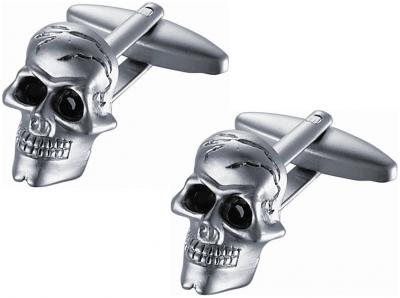 Satin Stainless Steel Skull Cufflinks with Black Crystal Eyes