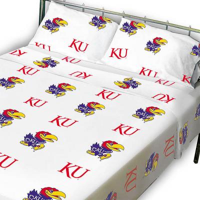 NCAA Kansas Jayhawks Bed Sheet Set White Collegiate Bedding