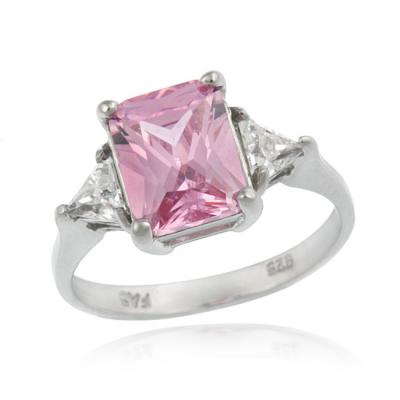 Sterling Silver Emerald Pink CZ & Trillion CZ Ring, Size 8