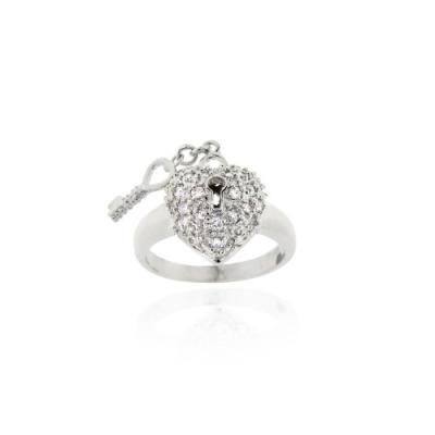 Sterling Silver CZ Filigree Heart & Key Ring Size 9