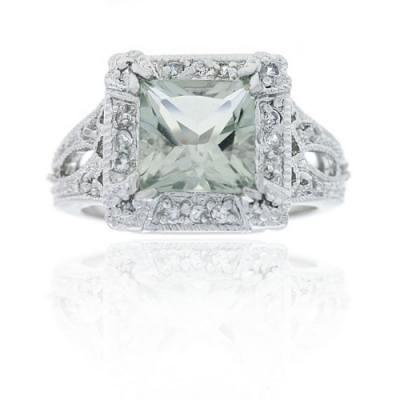 Sterling Silver 2.35ct Green Amethyst and CZ Square Ring Size 7