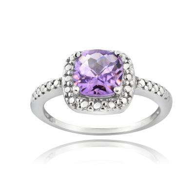 Sterling Silver Amethyst & Diamond Accent Square Ring Size 6