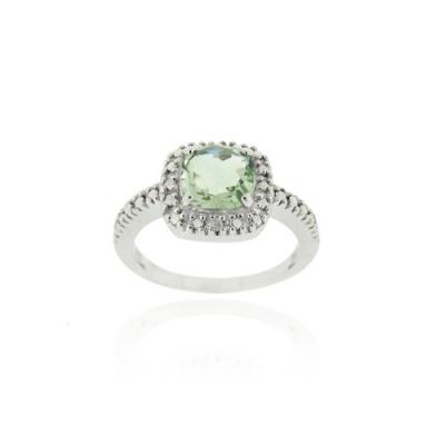 Sterling Silver Green Amethyst & Diamond Accent Square Ring
