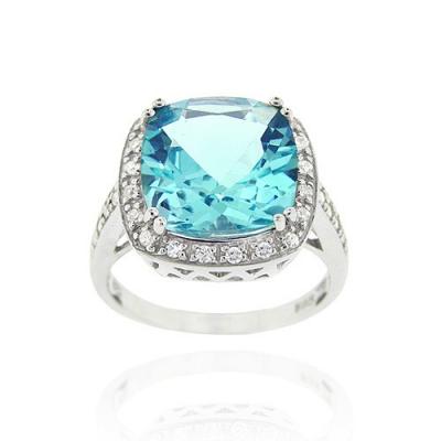 Sterling Silver 7.55ct Blue Topaz & CZ Square Cocktail Ring Size 6