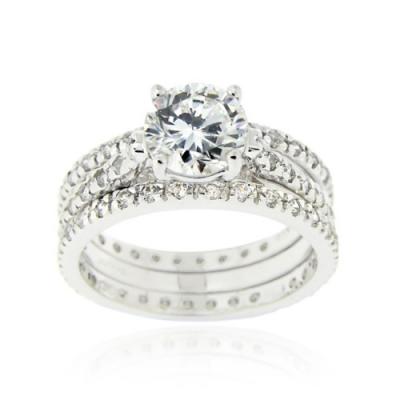 Sterling Silver Round CZ Wedding Engagement Ring Set