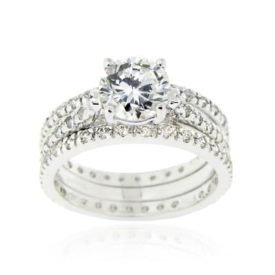 Sterling Silver Round CZ Wedding Engagement Ring Set Size 8