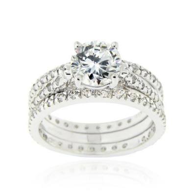 Sterling Silver Round CZ Engagement & Bridal Wedding Ring Set Size 9