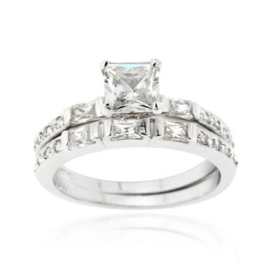 Sterling Silver Square CZ Wedding Engagement Stackable 2-Ring Set