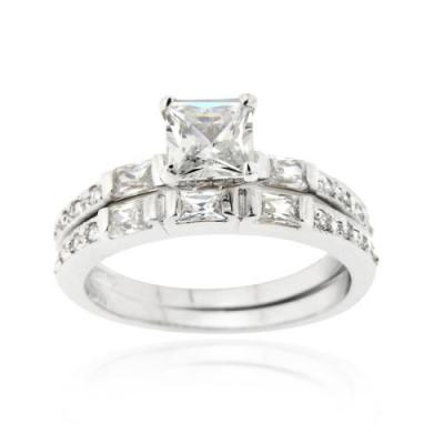 Sterling Silver Square CZ Wedding Engagement Stackable 2-Ring Set