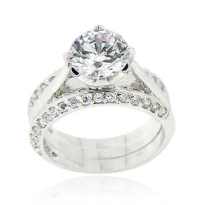 Sterling Silver Round CZ Wedding Engagement Stackable 3-Ring Set