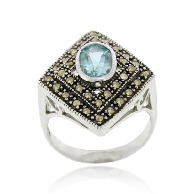 Sterling Silver Blue Topaz & Marcasite Diamond Shape Ring Size 7