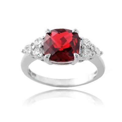 Sterling Silver 1.4ct Created Ruby & CZ Accents Cushion Cut Ring