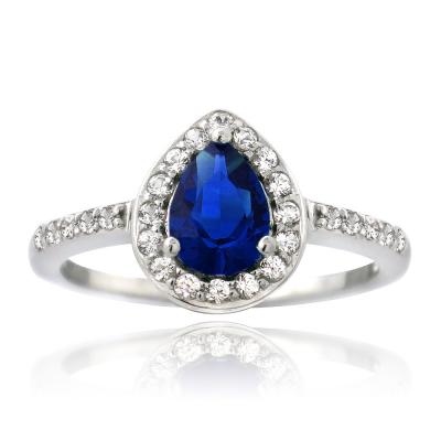 Sterling Silver Created Blue & White Sapphire Teardrop Ring