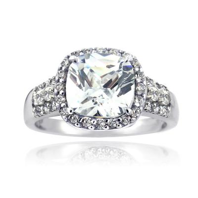 Sterling Silver CZ Square Halo & Three Row Band Ring
