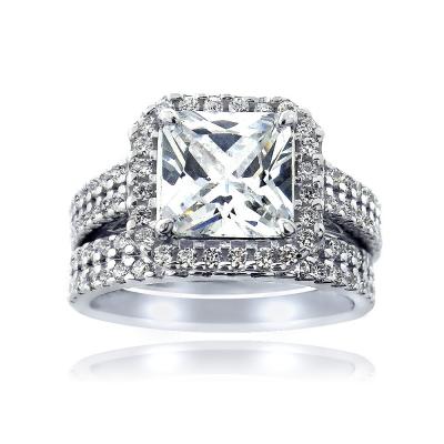 Sterling Silver CZ Square & CZ Half-Eternity Band Ring Set