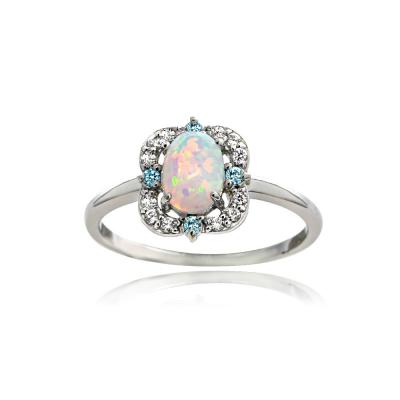 Sterling Silver Created Opal with Blue & White Topaz Scallop Frame Oval Ring