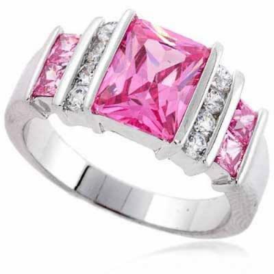 Sterling Silver Rectangle Pink CZ & Clear CZ Ring Size 10