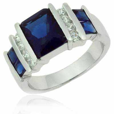 Sterling Silver Rectangular Blue Tanzanite & Clear CZ Silver Ring Size 7